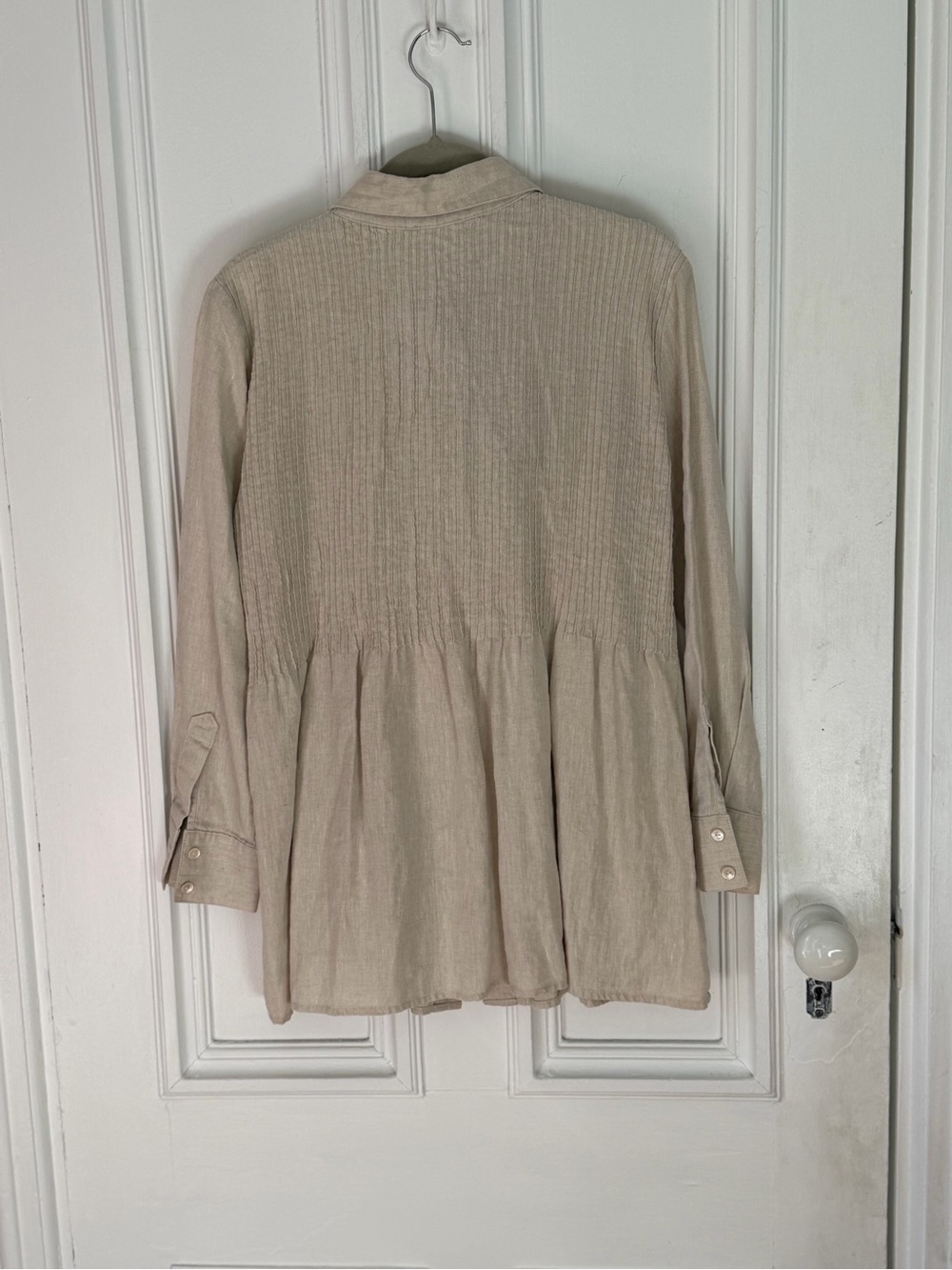 Women’s Kate Hill Linen Long Sleeve Vertical Pin Tuck Pleated Tan Blouse PXS - Picture 5 of 11
